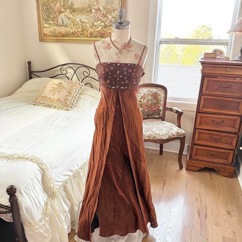 brown fairy beaded prom dress  y2k‎ morgan and co size 3 brown embroidered